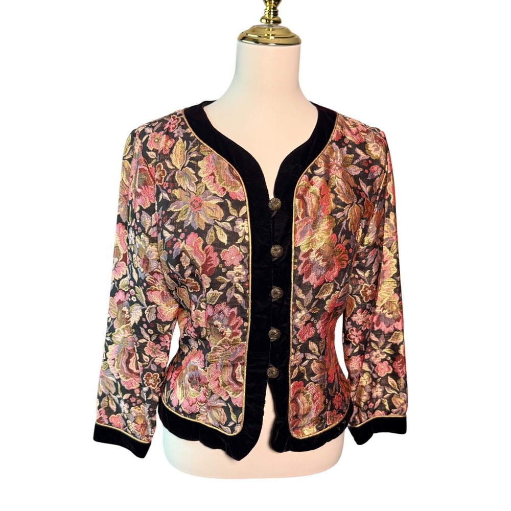 Vintage 80s Scott McClintock Floral Brocade Velvet Evening Jacket Gold Approx M